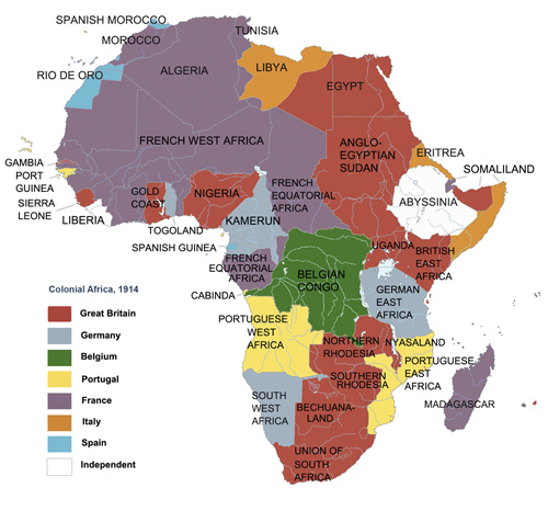 Outline map of Africa showing colonial interests in 1914.